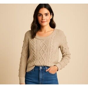 Madewell Beige Merino Wool Cable Knit Crew Neck Long Sleeve Pom Pullover Sweater